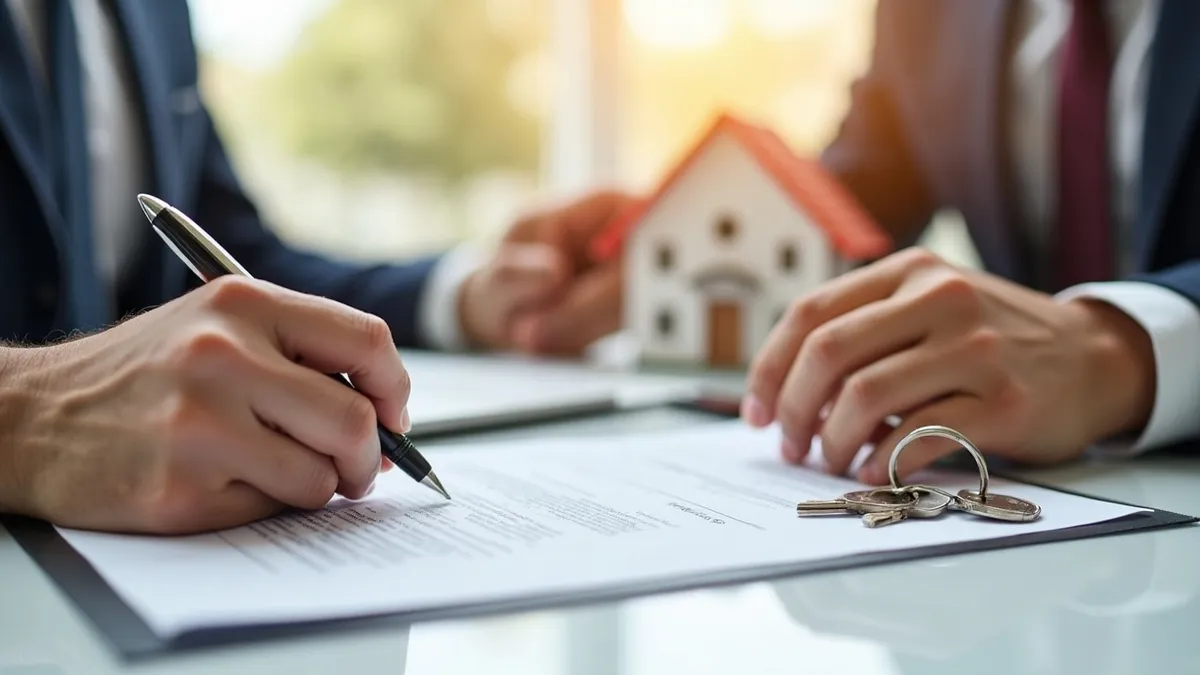 Firma de un contrato de compraventa o alquiler con llaves sobre la mesa