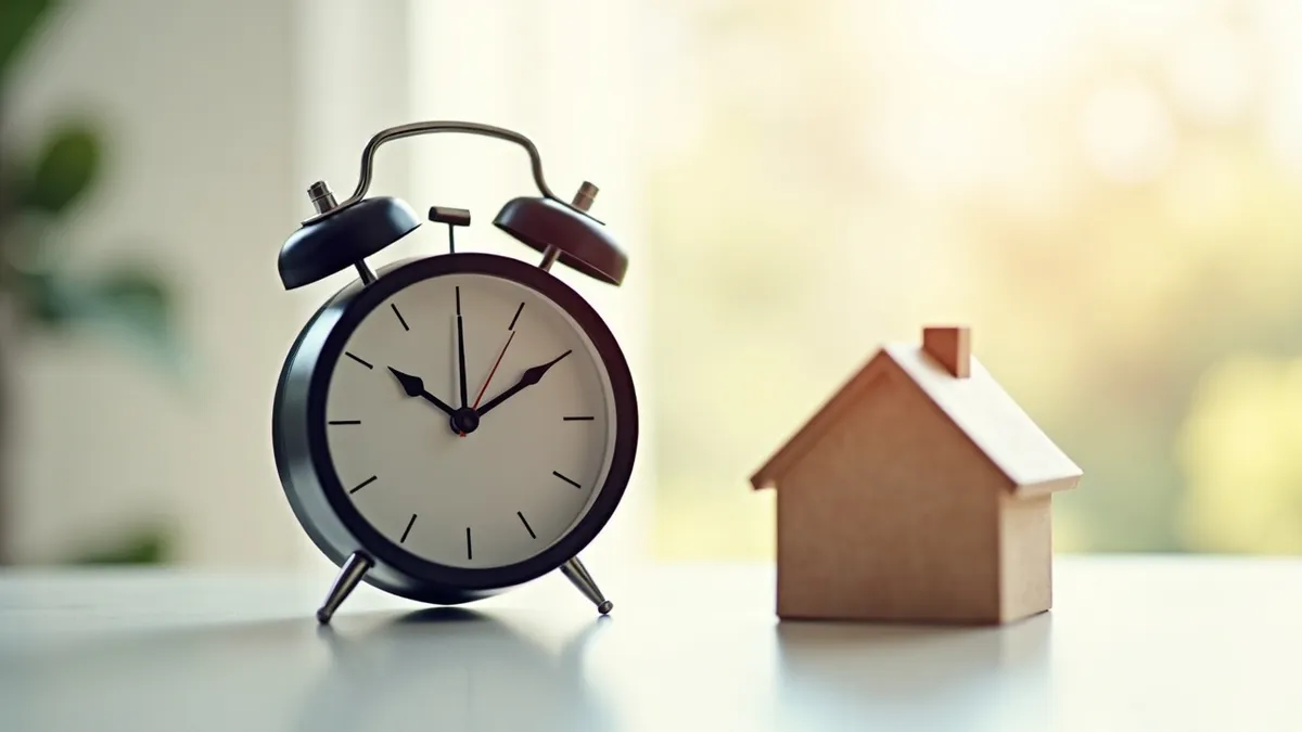 Reloj junto a una maqueta de casa representando rapidez de entrega