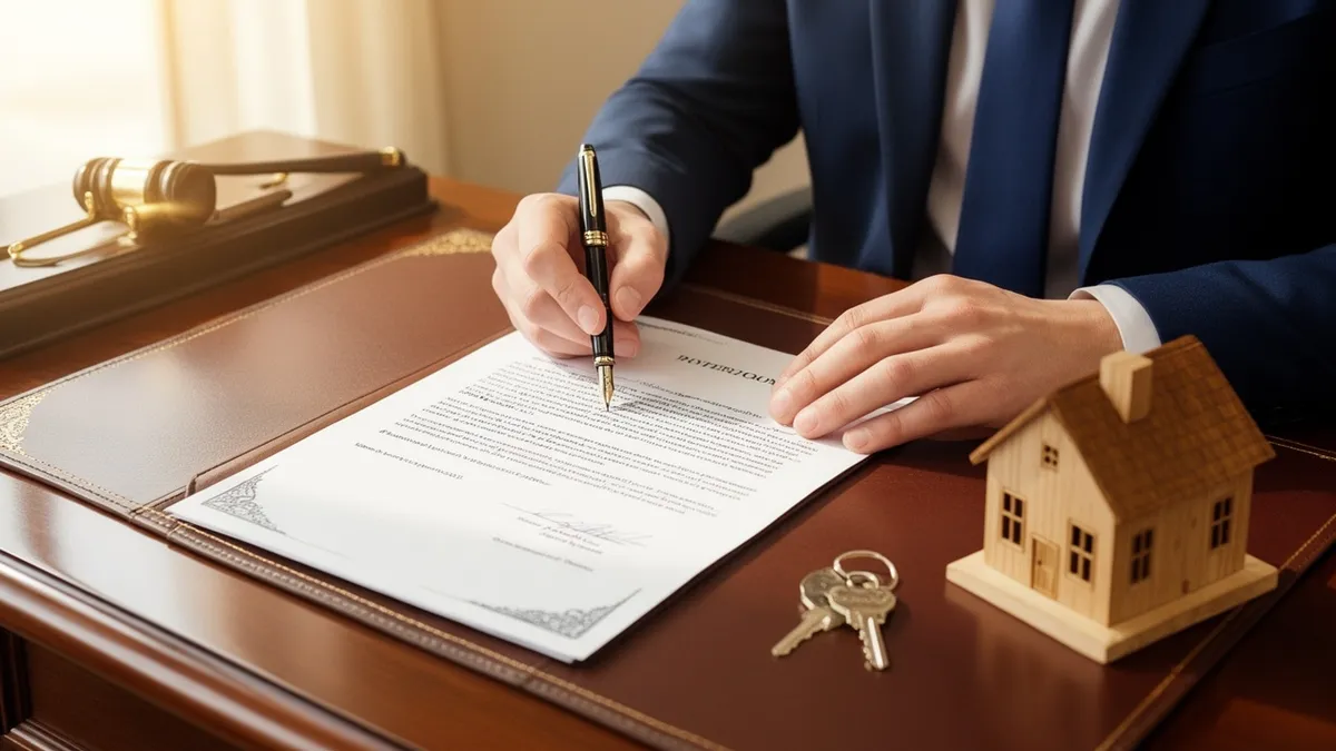 Firma de una escritura de compraventa en la notaría con las llaves de la vivienda sobre la mesa