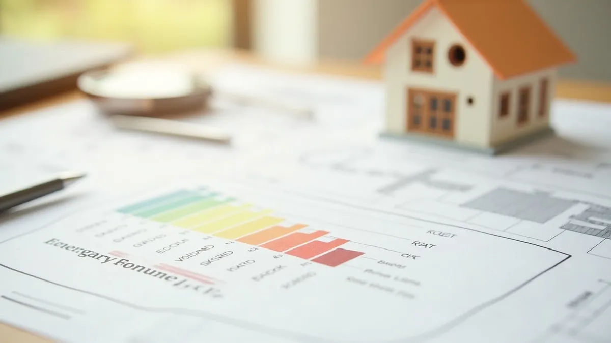 Plano de vivienda con una escala de eficiencia de colores y una lupa: leer el certificado energético