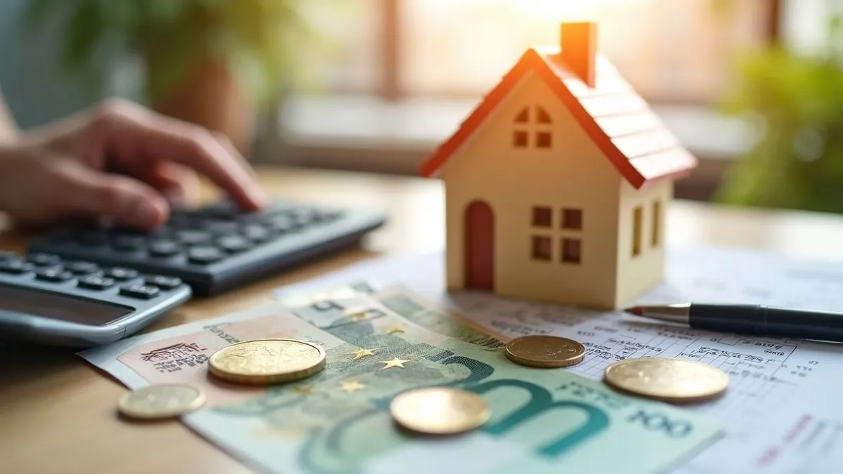 Calculadora, monedas de euro y una casa de madera sobre una mesa