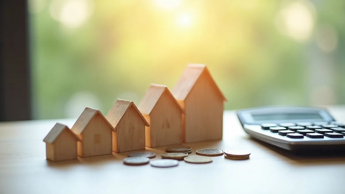 Varias casas de madera en fila junto a monedas y una calculadora: deducción en varias viviendas