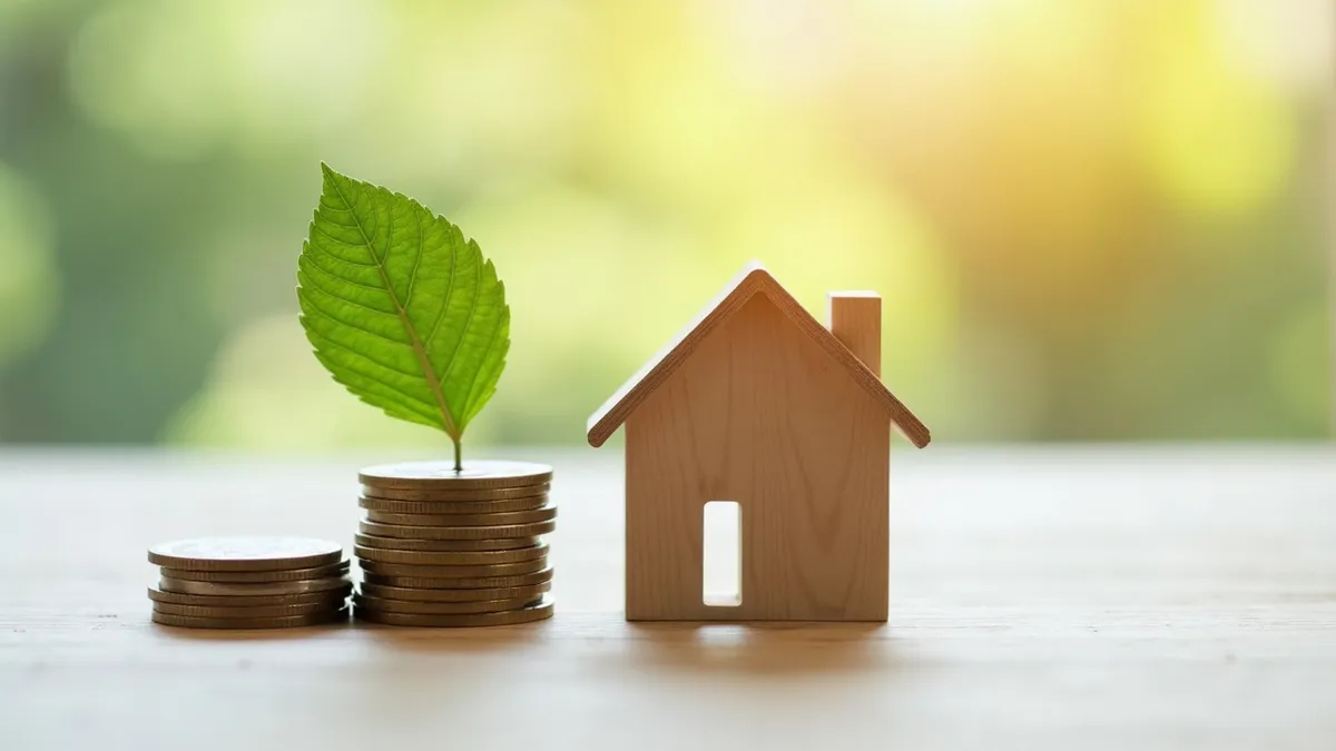 Monedas de euro junto a una casa de madera y una hoja verde: deducciones fiscales por eficiencia energética