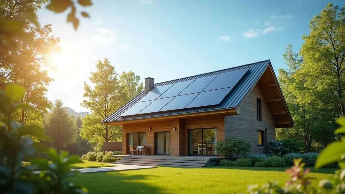Vivienda eficiente con placas solares rodeada de árboles: eficiencia energética y bajo CO₂