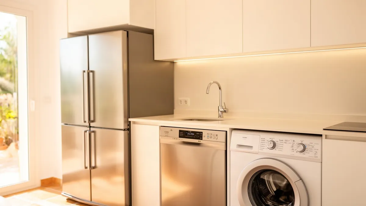 Cocina moderna con frigorífico, lavavajillas y lavadora: consumo eléctrico de los electrodomésticos del hogar