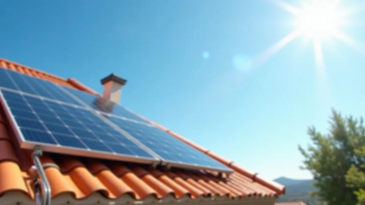Placas solares fotovoltaicas en el tejado de una vivienda andaluza bajo cielo azul