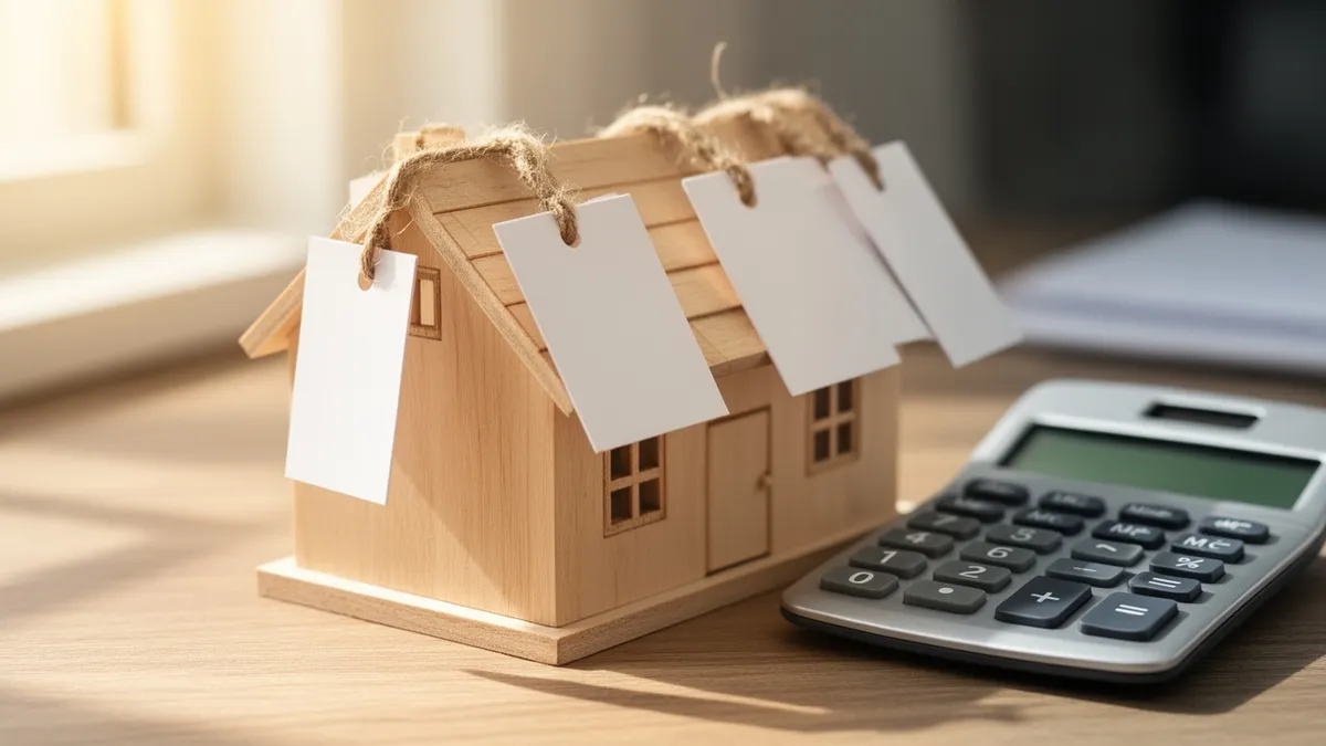 Etiquetas de precio sobre una casa de madera junto a una calculadora: comparativa de precios del certificado