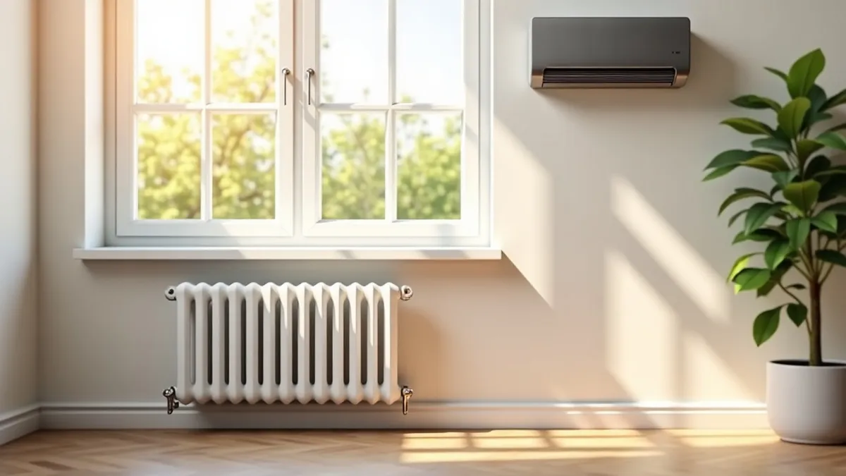 Radiador y unidad de bomba de calor en un salón luminoso: tipos de calefacción