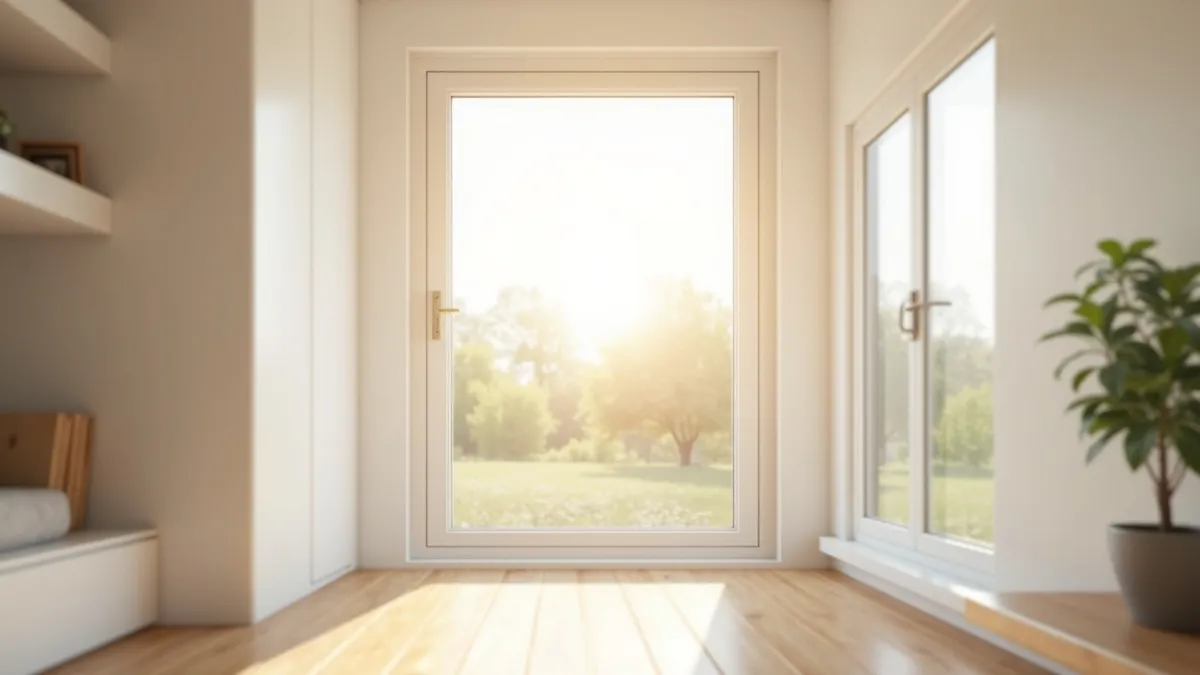 Ventana moderna de PVC con doble acristalamiento en un salón luminoso