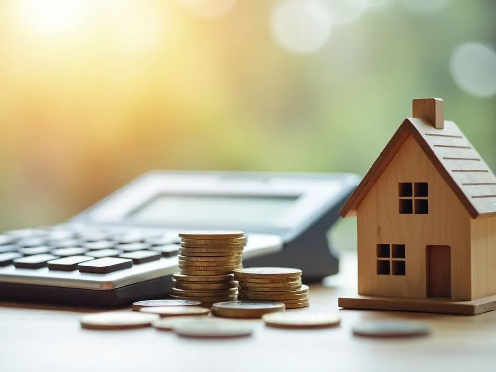 Maqueta de casa con calculadora y monedas, precio del certificado energético
